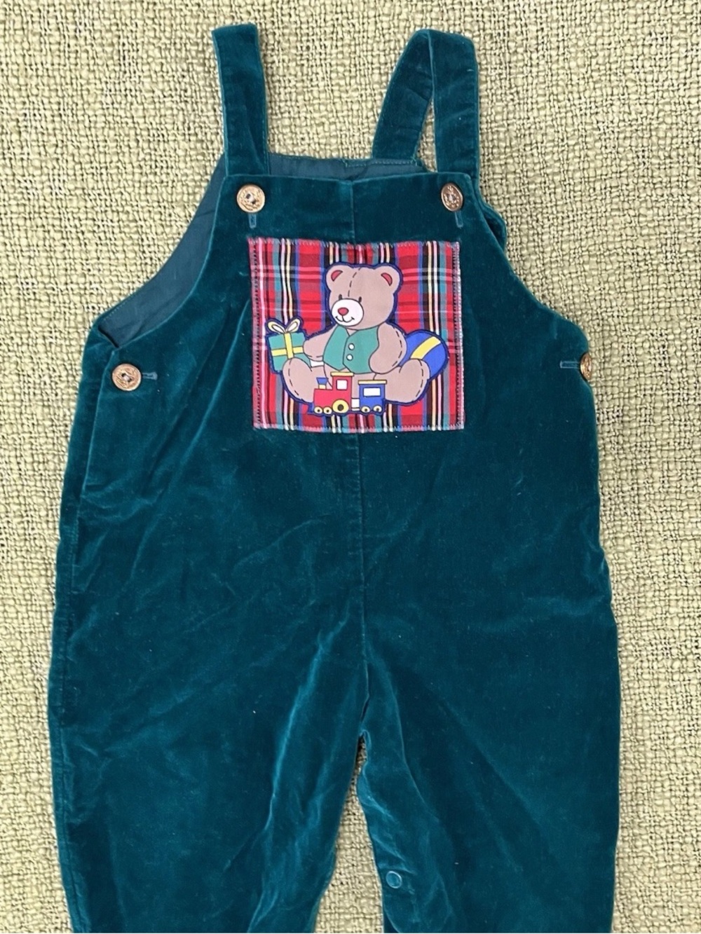 Vintage Kids Baby Teal Velvet Overalls with Teddy Patch